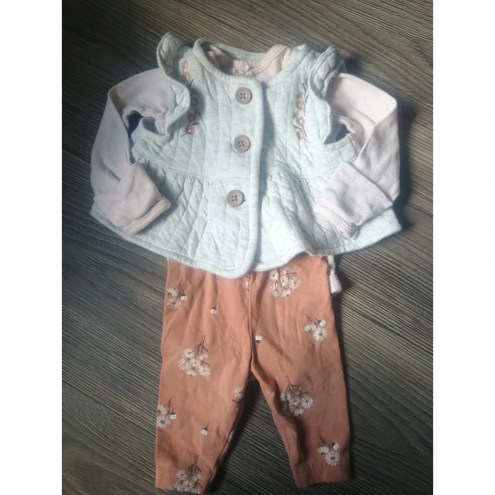 Carters Newborn Girl 3 Piece Set Quilted Vest Pointelle Bodysuit Floral Pants